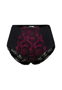 Hoge taille zwarte onderbroek met een magenta bloemenkant aan de voorkant en zwarte kantafwerking aan de achterkant. Zacht materiaal met gedetailleerde patronen.