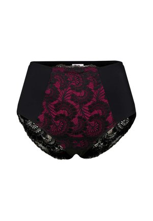 Culotte noire taille haute avec un devant en dentelle florale magenta et un bord en dentelle noire à l'arrière. Tissu doux avec des motifs détaillés.