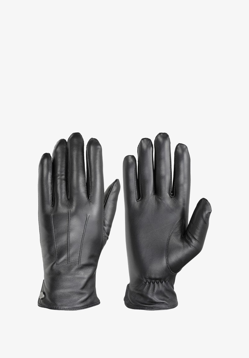 Svarta läderhandskar med en slät yta, fem fingrar, sömdetaljer och dragsko vid handleden för en tät passform.