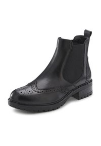 Zwarte leren enkellaarzen met een brogue-design, elastische zijkanten en een gestructureerde rubberen zool. Voorzien van een lage blokhak en een ronde neus.
