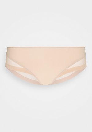 Parte inferiore di bikini beige con finitura satinata e taglio a vita bassa. Presenta due pannelli orizzontali di tessuto color crema e rosa chiaro sui lati. Materiale elasticizzato.