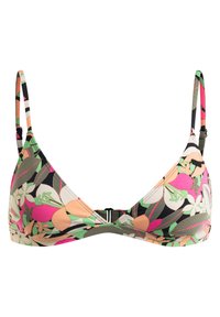 Top de bikini triangular con tirantes ajustables, que presenta un patrón floral multicolor sobre un fondo claro. Cierre de gancho en la parte posterior.