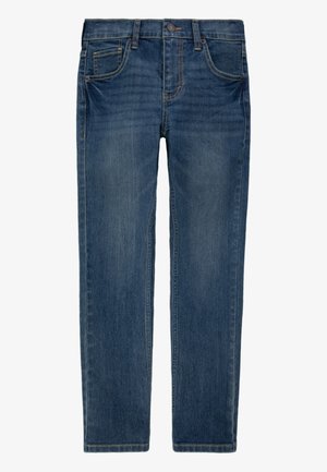 Denimjeans i en medium blå vask med lige ben, fem lommer og subtile syningsdetaljer langs sømmene.