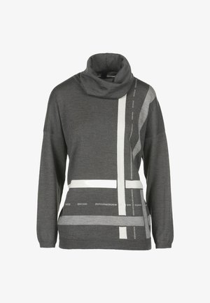 Pilkas megztinis su gaubtu, su kontrastingais baltais ir šviesiai pilkais geometriškais raštais, turi minkštą mezginio tekstūrą.