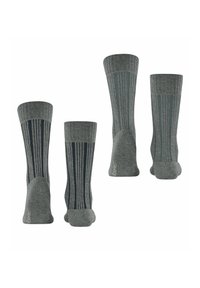 Graue Socken mit vertikalem Streifenmuster; zwei Paare sind abgebildet. Das Material scheint gestrickt zu sein; sie haben gerippte Bündchen und verstärkte Fersen- und Zehenbereiche.
