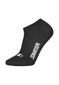 Schwarze, niedrig geschnittene Sportsocke mit weißem "STARTER"-Text und Stern-Logo am Knöchel und Zehenbereich.