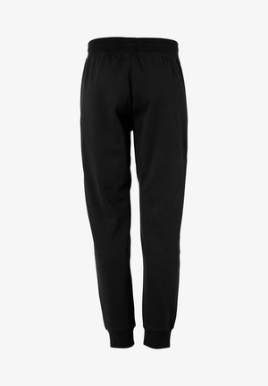 Pantaloni jogger neri a gamba stretta con vita elastica e polsini a costine, mostrati da dietro su sfondo bianco.