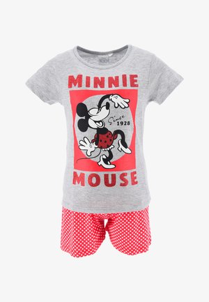 Graues Grafik-T-Shirt mit Minnie Mouse und roten Akzenten, kombiniert mit roten Shorts mit Punkten. Baumwollmischung, kurze Ärmel.
