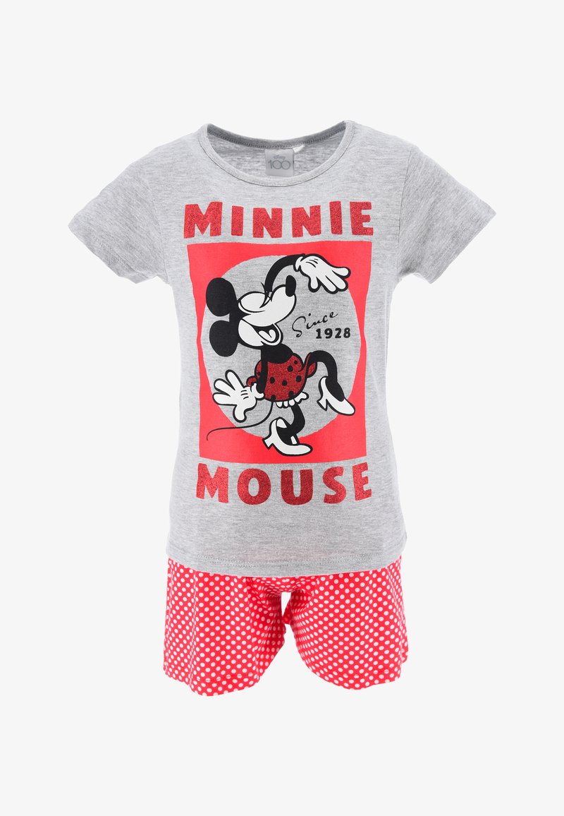 T-shirt grafico grigio con Minnie Mouse e accenti rossi, abbinato a pantaloni corti a pois rossi. Tessuto in cotone misto, maniche corte.