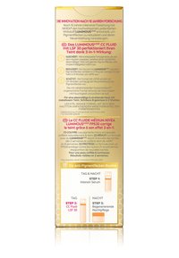 NIVEA LUMINOUS630 CC Fluid packaging with detailed text in multiple languages. Gold base color, glossy finish, and hexagonal pattern background.