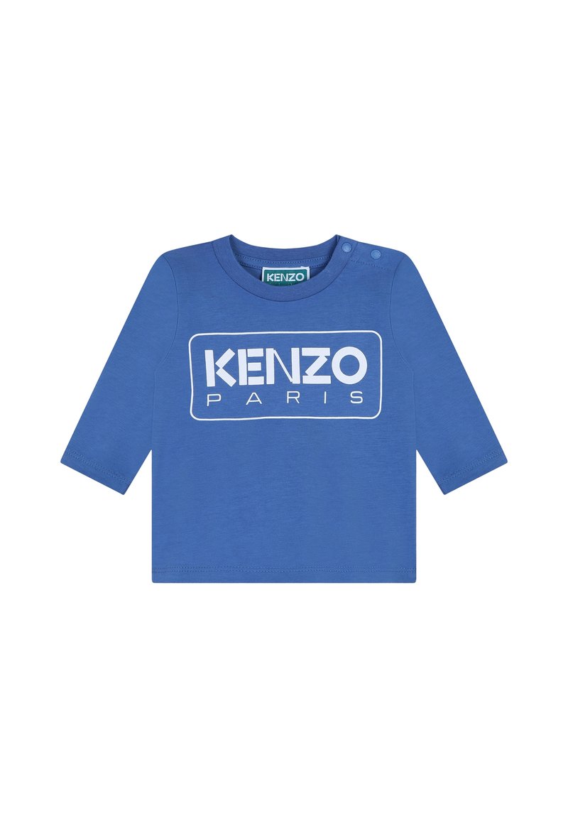 Chemise à manches longues bleue avec un logo KENZO PARIS blanc sur le devant. Fabriquée en tissu doux avec des pressions à l'épaule pour un enfilage facile.