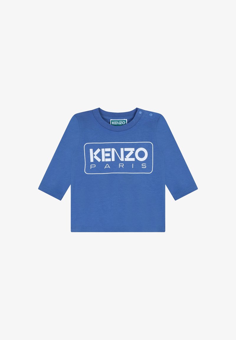 Chemise à manches longues bleue avec un logo KENZO PARIS blanc sur le devant. Fabriquée en tissu doux avec des pressions à l'épaule pour un enfilage facile.