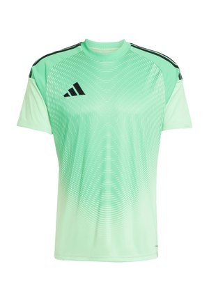 Mintgroene sportshirt met korte mouwen, voorzien van een gradientpatroon en een zwart Adidas-logo. Glad materiaal met accenten op de schouders.