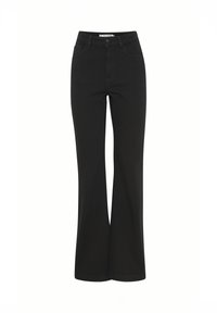 Vaqueros negros acampanados de mezclilla, con una cintura alta, cremallera y cierre de botón, y diseño de cinco bolsillos, textura suave.