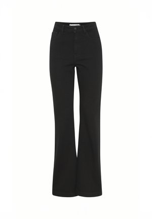 Črne razširjene kavbojke iz denima, visoke pasu, z zadrgo in gumbom za zapiranje ter petimi žepi, gladke teksture.
