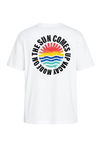 White cotton t-shirt with short sleeves featuring a colorful sun and wave graphic, accompanied by black text.