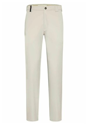 Helle beigefarbene Hosen aus glattem Stoff, mit geradem Bein Design, Gürtelschlaufen, Knopfverschluss und Seitentaschen.