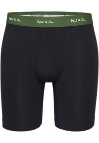 Schwarze Boxershorts aus dehnbarem Stoff mit einem grünen Bund, der den Text "Phil & Co." in weißer Schrift trägt.