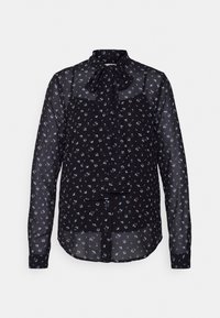 Zwarte doorschijnende blouse met lange mouwen, een klein paars bloemenpatroon en een gestrikte strik bij de halslijn, met knopen aan de voorkant.