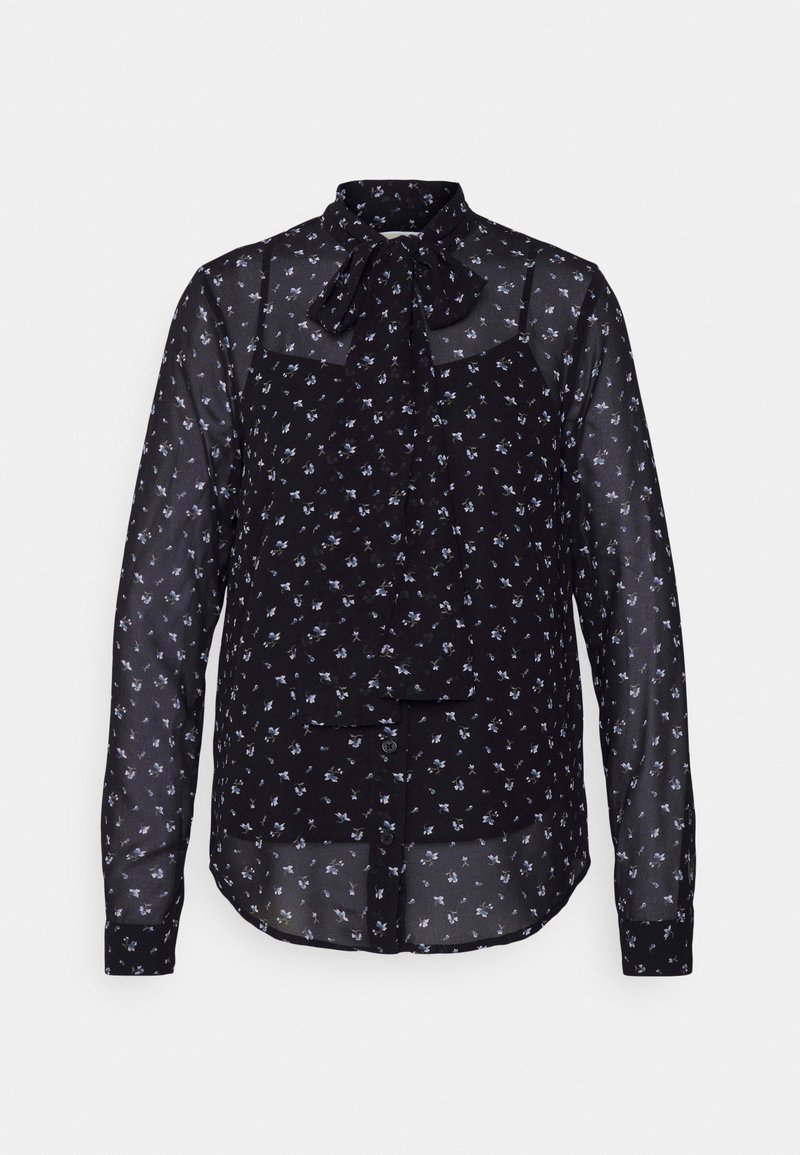 Zwarte doorschijnende blouse met lange mouwen, een klein paars bloemenpatroon en een gestrikte strik bij de halslijn, met knopen aan de voorkant.