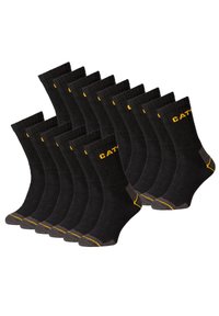 Chaussettes de sport noires, texture côtelée, avec un logo jaune et des accents gris au talon et à l'orteil. Paquet de 12 paires.