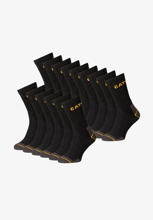 Schwarze Crew-Socken mit gerippter Textur, versehen mit gelber Marke und grauen Akzenten an Ferse und Zehe. Packung mit 12 Paar.