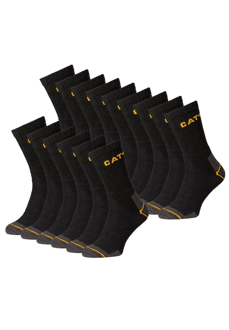 Chaussettes de sport noires, texture côtelée, avec un logo jaune et des accents gris au talon et à l'orteil. Paquet de 12 paires.