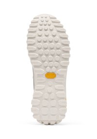 Kengänņ pohja, jossa on teksturoitu valkoinen kumipinta, jossa on pyöreitä ja kolmiopaisia kuvioita, sekä keltainen "Vibram"-logo keskellä.