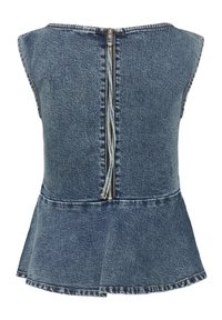 Top peplum in denim blu scuro, caratterizzato da un collo rotondo e una cerniera centrale sul retro. L'orlo è svasato con cuciture visibili.
