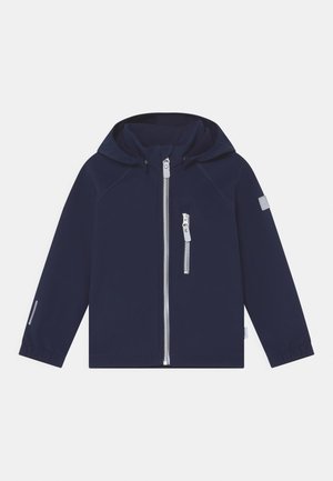 Navy blue jacket with a hood, front zipper closure, and reflective accents. Features raglan sleeves and a split kangaroo pocket.