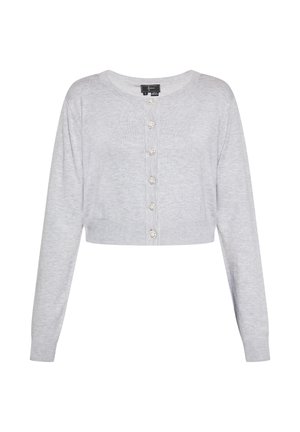 Sivý skrátený kardigán z mäkkého materiálu, s dlhými rukávmi, okrúhlym výstrihom a šiestimi dekoratívnymi gombíkmi vpredu.
