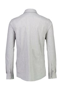 Grijze langemouwen shirt van linnen, met een kraag, knoopsluiting bij de mouwen en een eenvoudige gestructureerde oppervlakte. Achteraanzicht weergegeven.