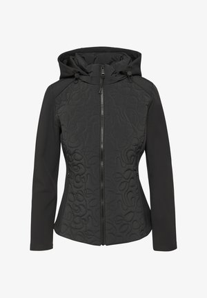 Schwarze gesteppte Jacke mit Kapuze, aus strukturiertem Stoff, mit einem Reißverschluss vorne und Slim-Fit-Schnitt. Mit verstellbaren Kordeln an der Kapuze akzentuiert.