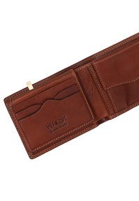 Brown leather wallet with multiple card slots, a gold-tone accent, and visible stitching details. Brand logo embossed inside.