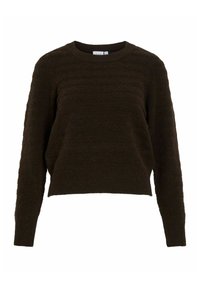 Maglione a maniche lunghe di colore marrone scuro, con scollo rotondo e un sottile motivo testurizzato orizzontale, leggermente corto.