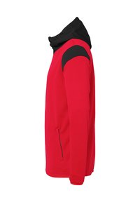 Rote Sportjacke mit schwarzer Kapuze. Verfügt über eine glatte Textur, seitliche Taschen und schwarze Akzente an den Schultern. Entworfen für aktive Freizeitkleidung.