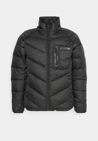 Svart dunjakke med høy krage, quiltet design, glidelås foran og en brystlomme med vanntett glidelås.