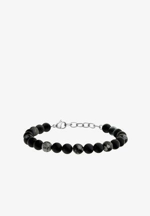 Schwarz-graues Armband aus matten Steinen mit silbernem Verschluss und verstellbarer Kette. Enthält rundliche, polierte Akzente entlang des gesamten Designs.