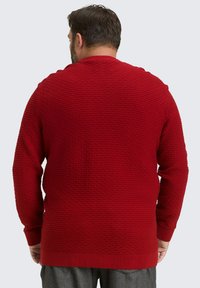 Rode gestructureerde trui met een ribbelachtige ronde halslijn en lange mouwen. Kenmerkt zich door een verheven patroon en een ontspannen pasvorm.