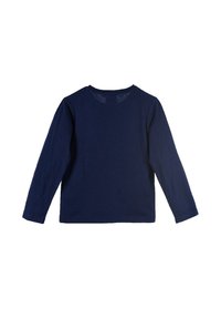 Maglietta a manica lunga blu navy realizzata in morbido cotone, con scollatura rotonda e orlo arrotondato, senza motivi o accessori visibili.