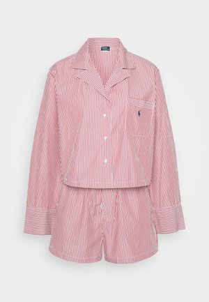 Set di pigiama a righe rosse e bianche con camicia con colletto e bottoni, maniche lunghe e pantaloni corti abbinati con vita elastica.