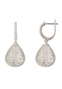 Silver drop earrings featuring a teardrop shape, encrusted with small clear crystals and a textured hoop clasp.