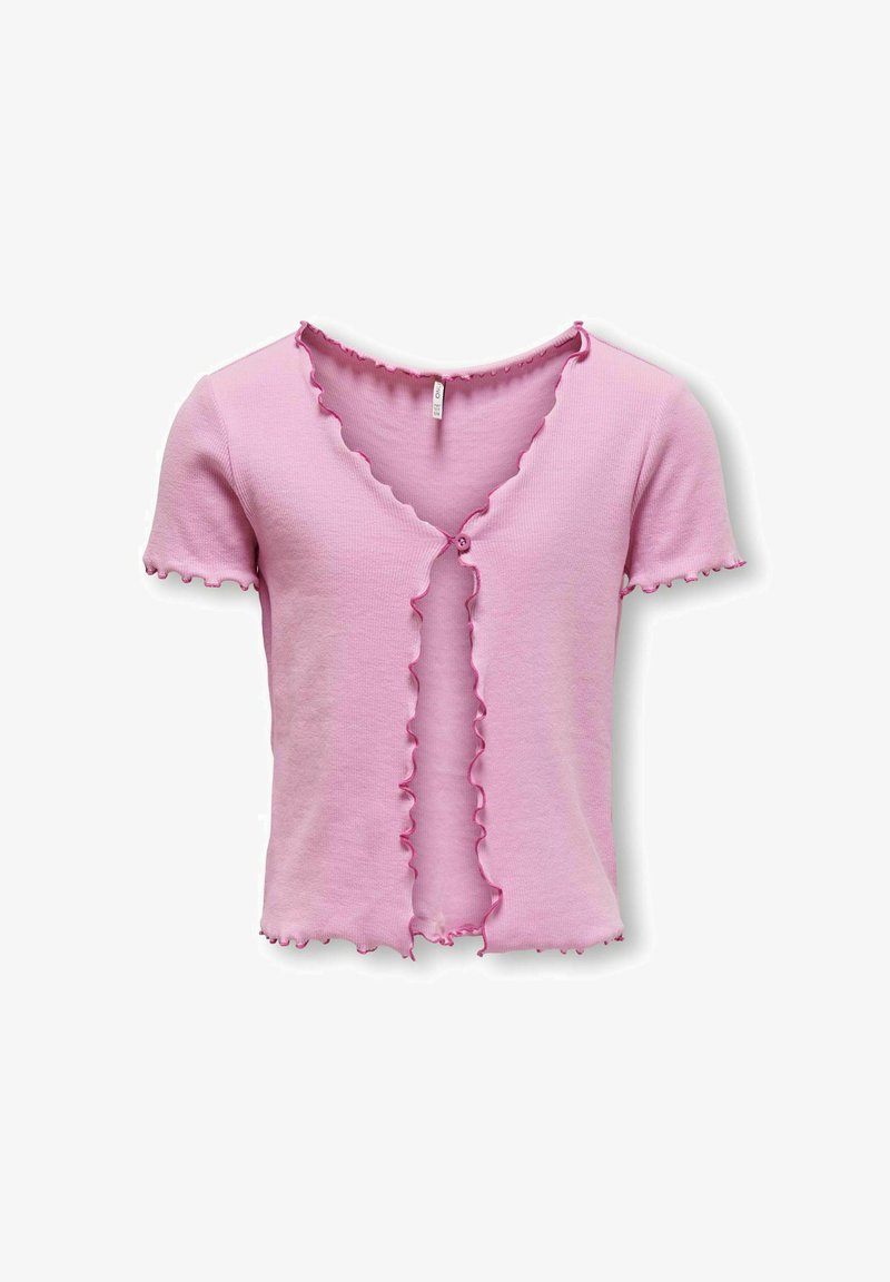 Różowy kardigan na krótki rękaw o teksturze prążkowanej, z falbanistym dekoltem i brzegami oraz zapinaniem na guziki z przodu.