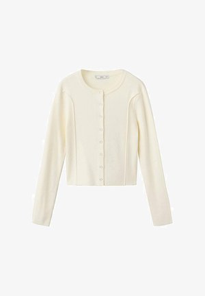 Cremfarbener Cardigan mit Rundhalsausschnitt, langen Ärmeln, strukturierten Rippenpaneelen und Knopfverschluss vorne. Weiches Material mit cropped Design.