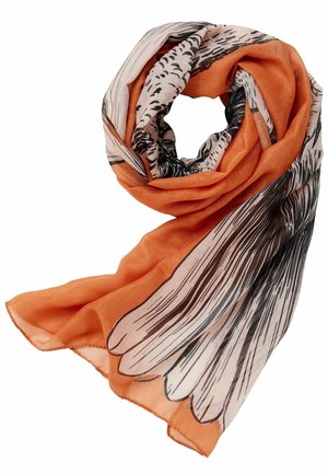 Lichte sjaal met patronen van oranje, beige en zwarte vogelveertjes, losgerold met vloeiende stofranden.