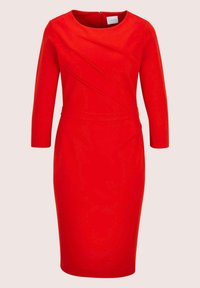 Rotes, figurbetontes Kleid mit dreiviertellangen Ärmeln, rundem Ausschnitt und asymmetrischen Nahtdetails. Glatte Textur und knielanges Design.