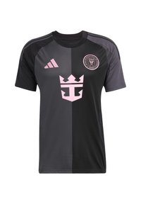 Crna i siva sportska majica kratkih rukava s roza logotipom, ikonom krune i Adidas trakama na ramenima. Izrađena od prozračnog materijala.