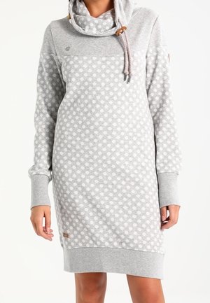 Grijs sweatshirtjurk met patroon, een hoge hals, trekkoord en geribde mouwen. Heeft lichte polkadots en een logovlekje vlak bij de zoom.