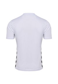 Vit sporttröja med kort ärm, rund halsringning och svarta sidostråk. Tillverkad av lätt, andningsbart material. Slät textur.