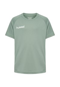 Lysegrøn sportstshirt med korte ærmer og rund halsudskæring, hvid "hummel"-logo på øverste venstre bryst.